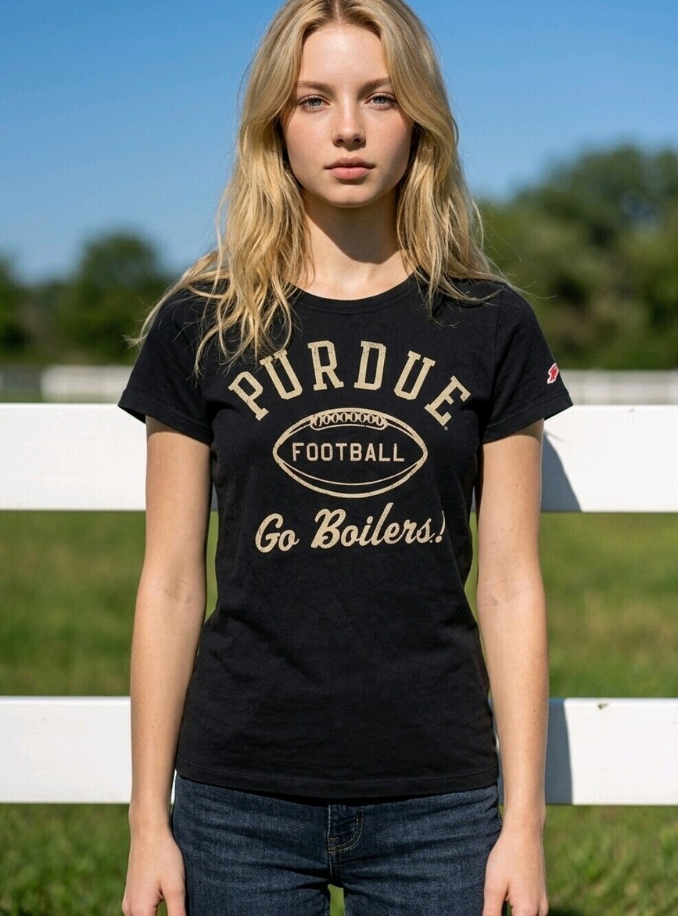 NWT Women's PURDUE Football Black Tee with Distressed Gold Print SM